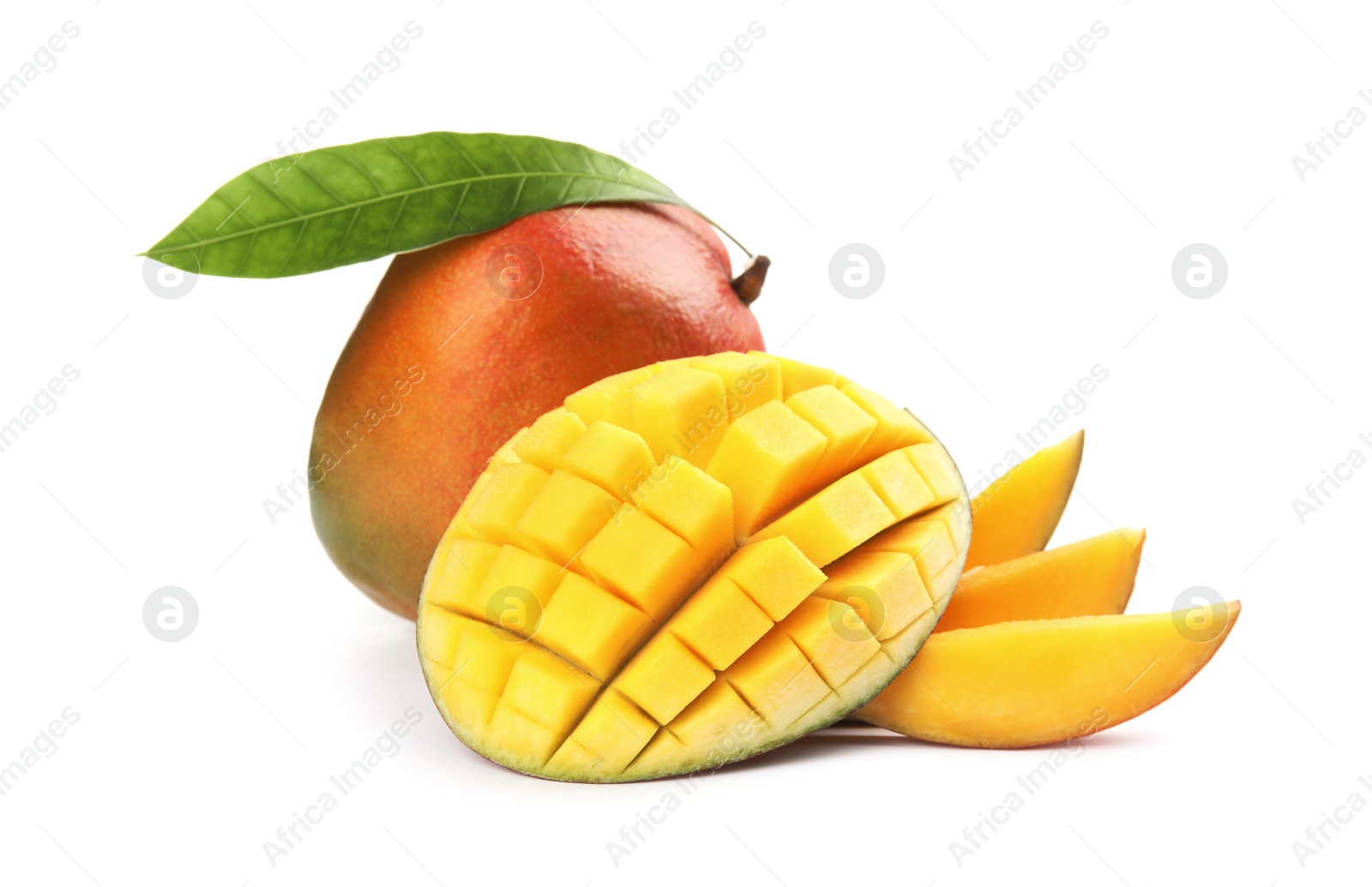 Photo of Delicious ripe mangoes on white background. Tropical fruit