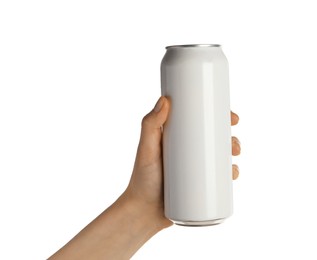 Woman holding aluminum can on white background, closeup