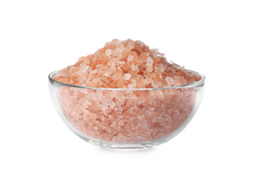 Photo of Pink himalayan salt in glass bowl isolated on white