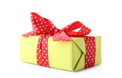 Photo of Gift box with ribbon on white background