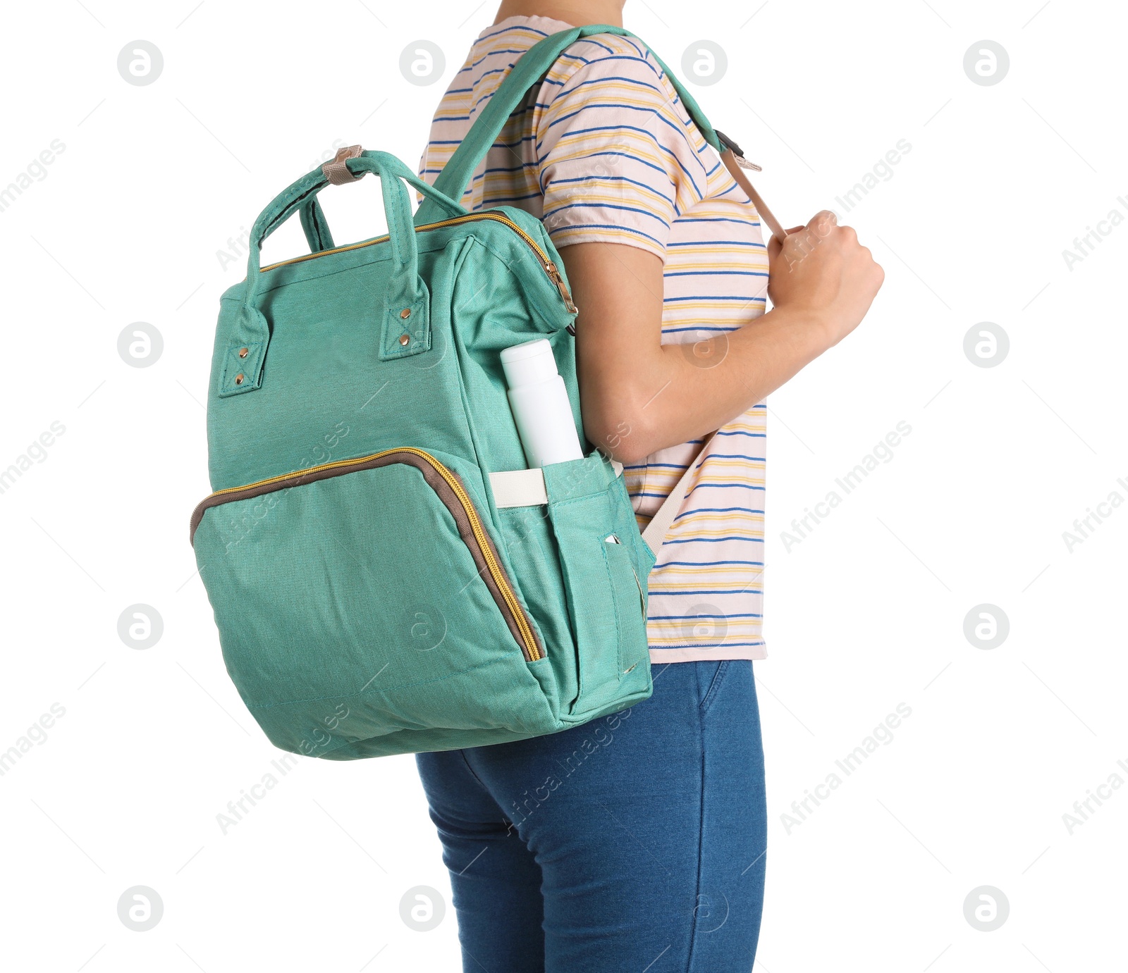 Photo of Woman with maternity backpack for baby accessories on white background, closeup