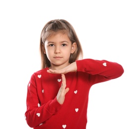 Little girl showing TIME OUT gesture in sign language on white background