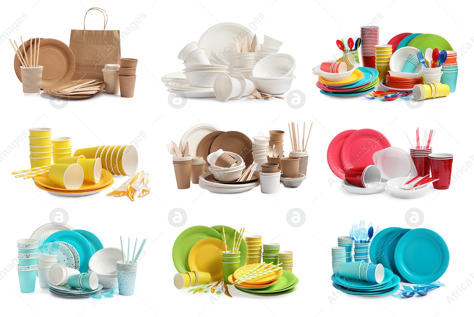 Image of Set with different disposable tableware on white background