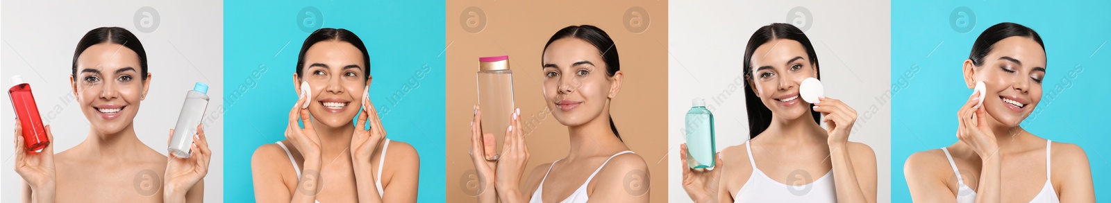 Image of Collage with photos of woman with micellar water different color backgrounds
