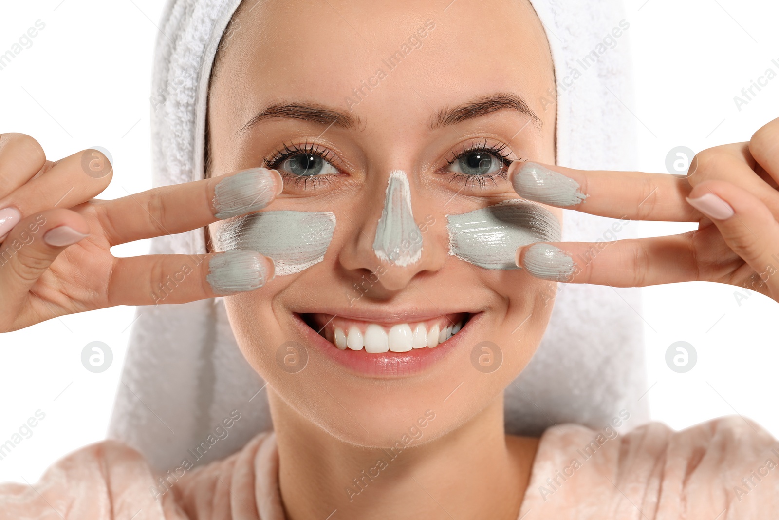 Photo of Woman with face mask on white background, closeup. Spa treatments