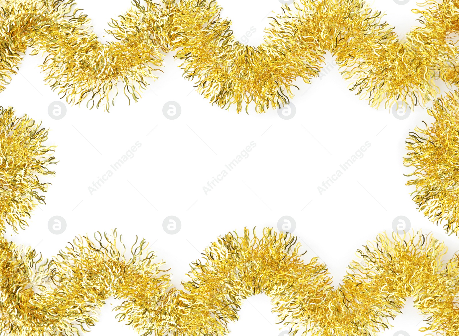 Image of Frame made of shiny golden tinsels on white background, top view. Space for text