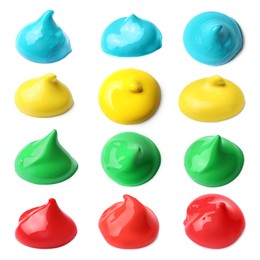 Image of Paint blobs of different colors on white background, set with different views