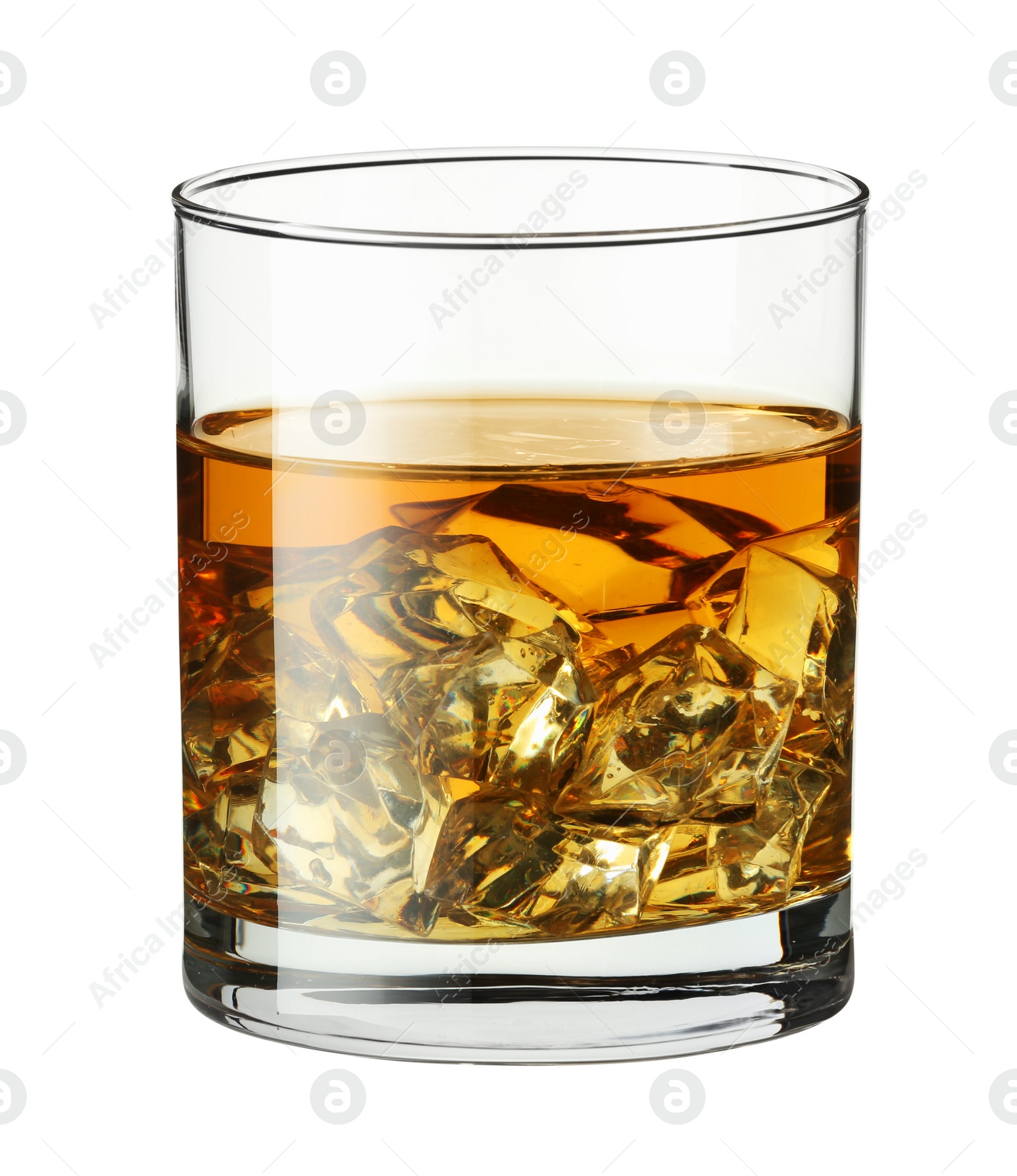 Photo of Whiskey and ice cubes in glass isolated on white