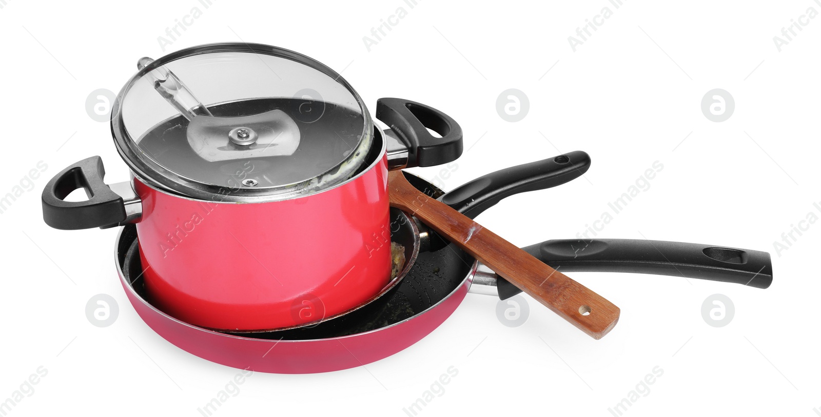 Photo of Stack of dirty dishes on white background