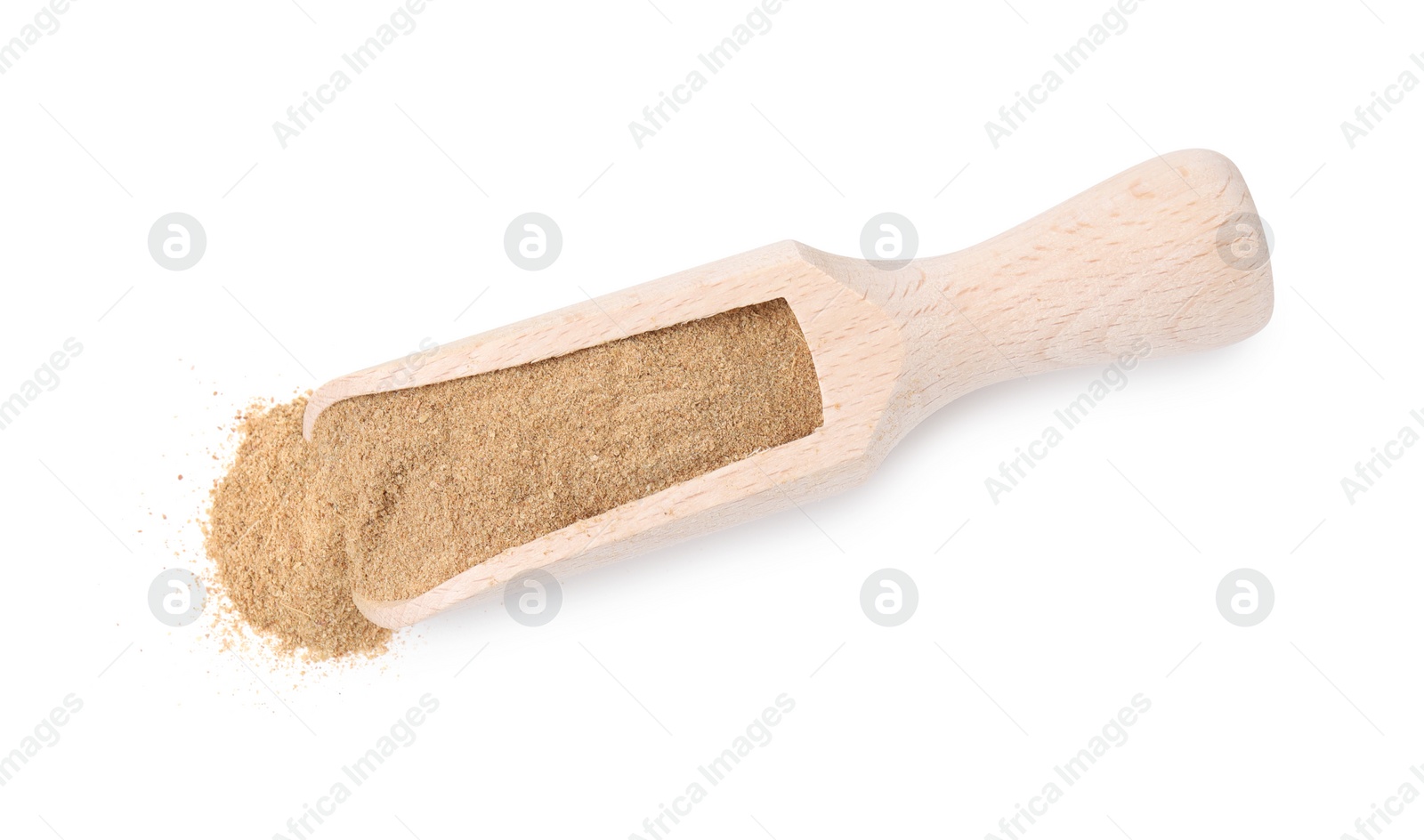 Photo of Dietary fiber. Psyllium husk powder in scoop isolated on white, top view
