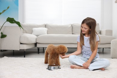 Photo of Little child feeding cute puppy on carpet at home. Lovely pet