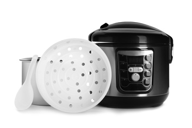 Disassembled electric multi cooker on white background