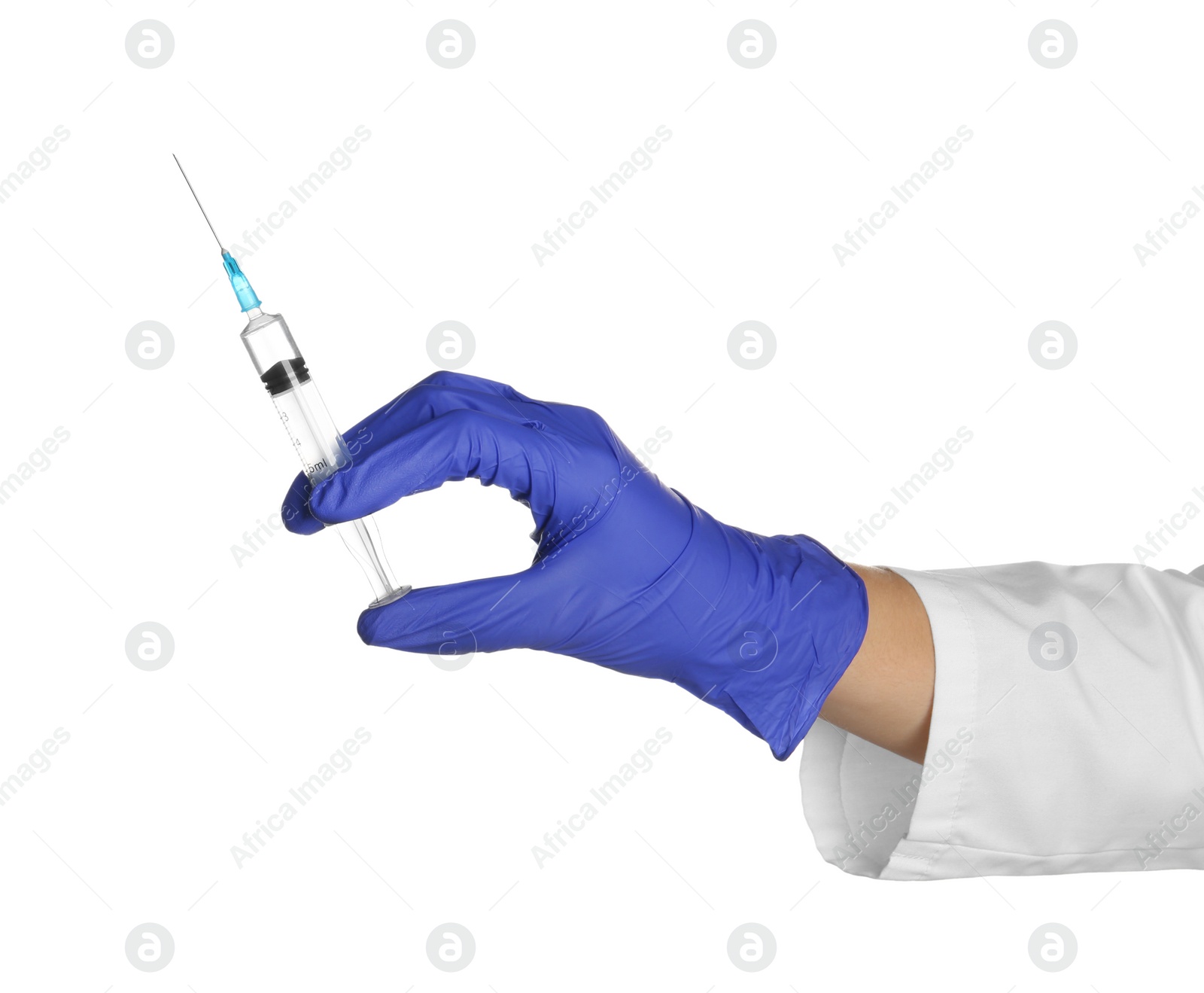 Photo of Doctor in medical glove with syringe on white background