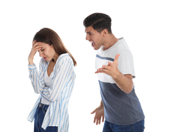 Photo of Man shouting at his girlfriend on white background. Relationship problems