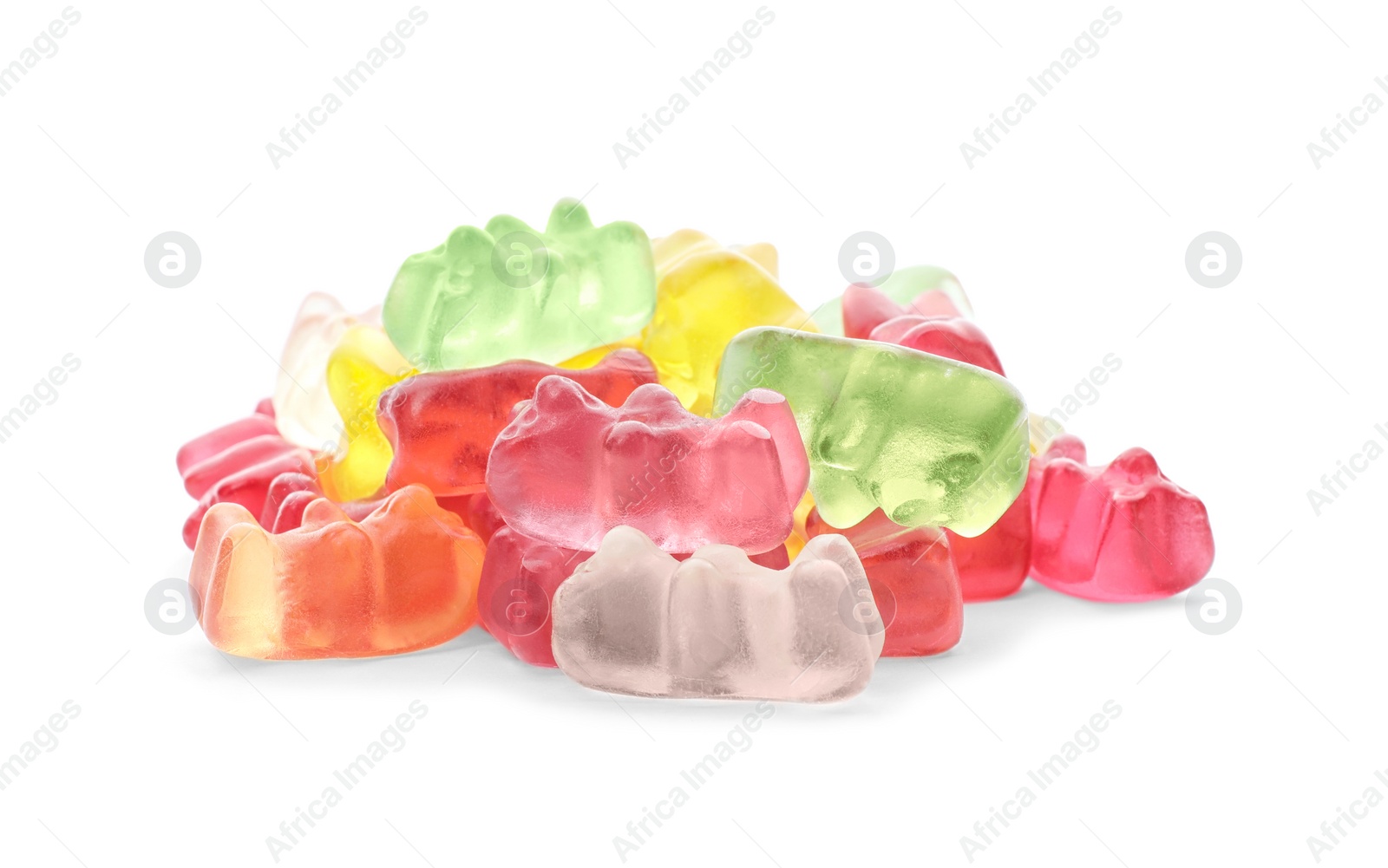 Photo of Pile of delicious jelly bears on white background