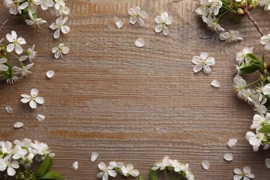 Photo of Spring branches with beautiful blossoms, leaves and petals on wooden table, flat lay. Space for text