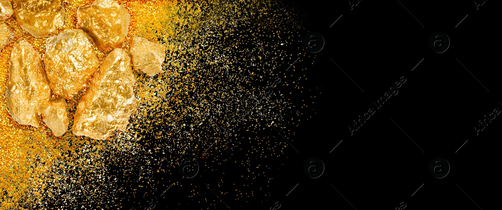 Image of Gold nuggets and gold dust on black background, top view. Banner design with space for text