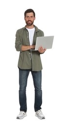 Handsome man holding laptop on white background
