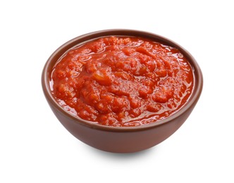 Photo of Homemade tomato sauce in bowl isolated on white