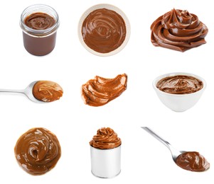 Image of Collage with boiled condensed milk on white background