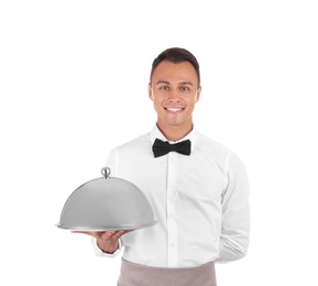 Photo of Waiter holding metal tray with lid on white background