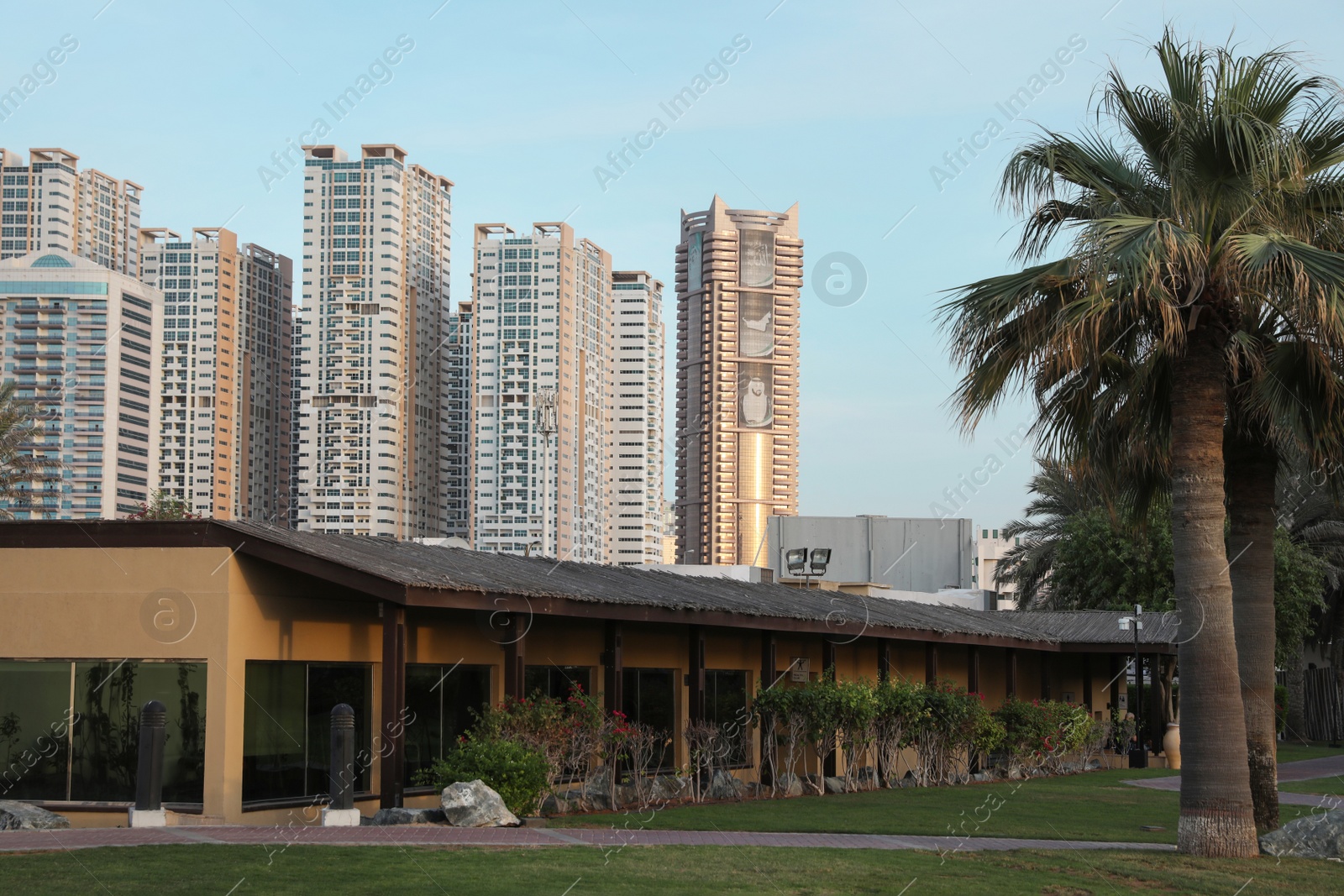 Photo of SHARJAH, UNITED ARAB EMIRATES - NOVEMBER 04, 2018: Beautiful landscape with tropical resort