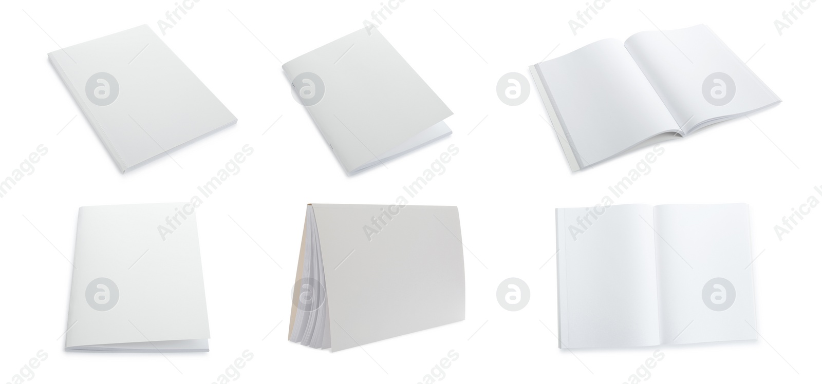 Image of Set with blank paper brochures on white background. Mockup for design