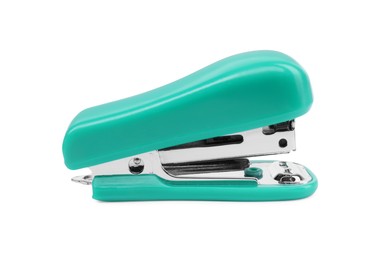Photo of One new turquoise stapler isolated on white