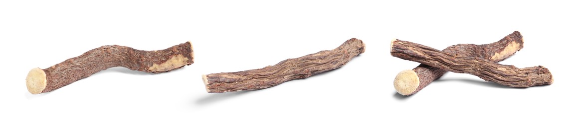 Image of Set with dried sticks of liquorice root on white background. Banner design