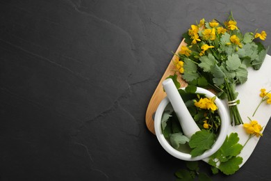 Photo of Celandine with mortar and pestle on black table, top view. Space for text