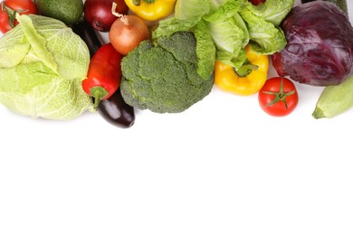 Photo of Heap of fresh ripe vegetables on white background, top view