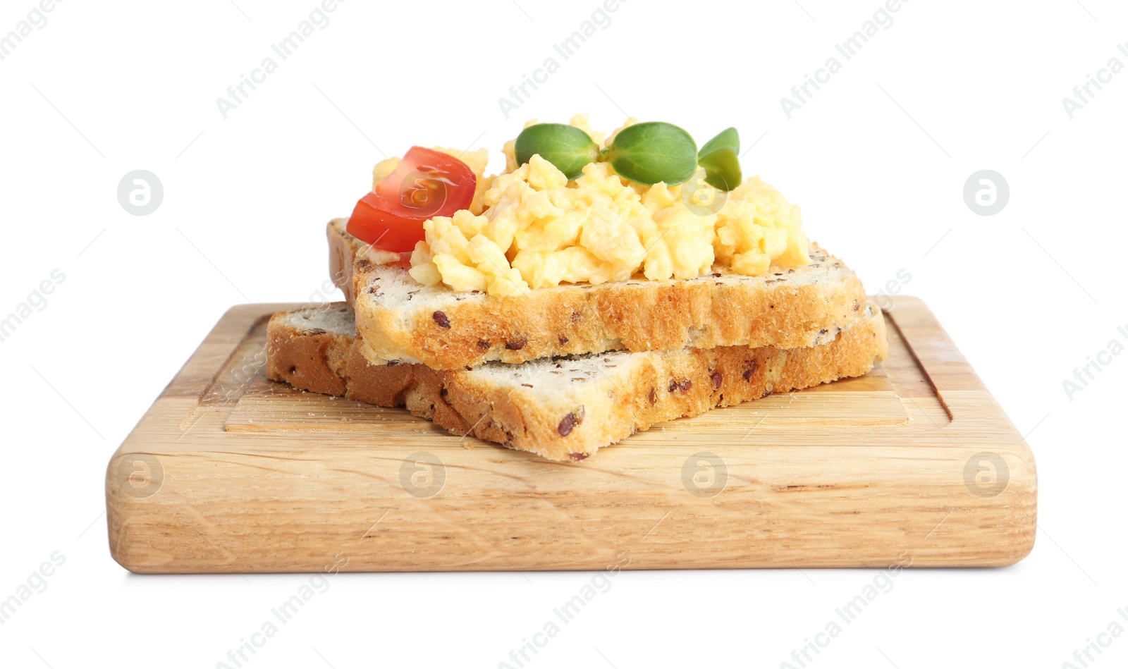 Photo of Tasty scrambled egg sandwich isolated on white