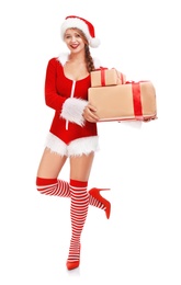 Photo of Beautiful Santa girl with Christmas gifts on white background