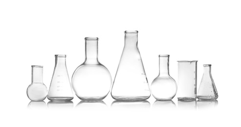 Photo of Empty laboratory glassware on table. Chemical analysis