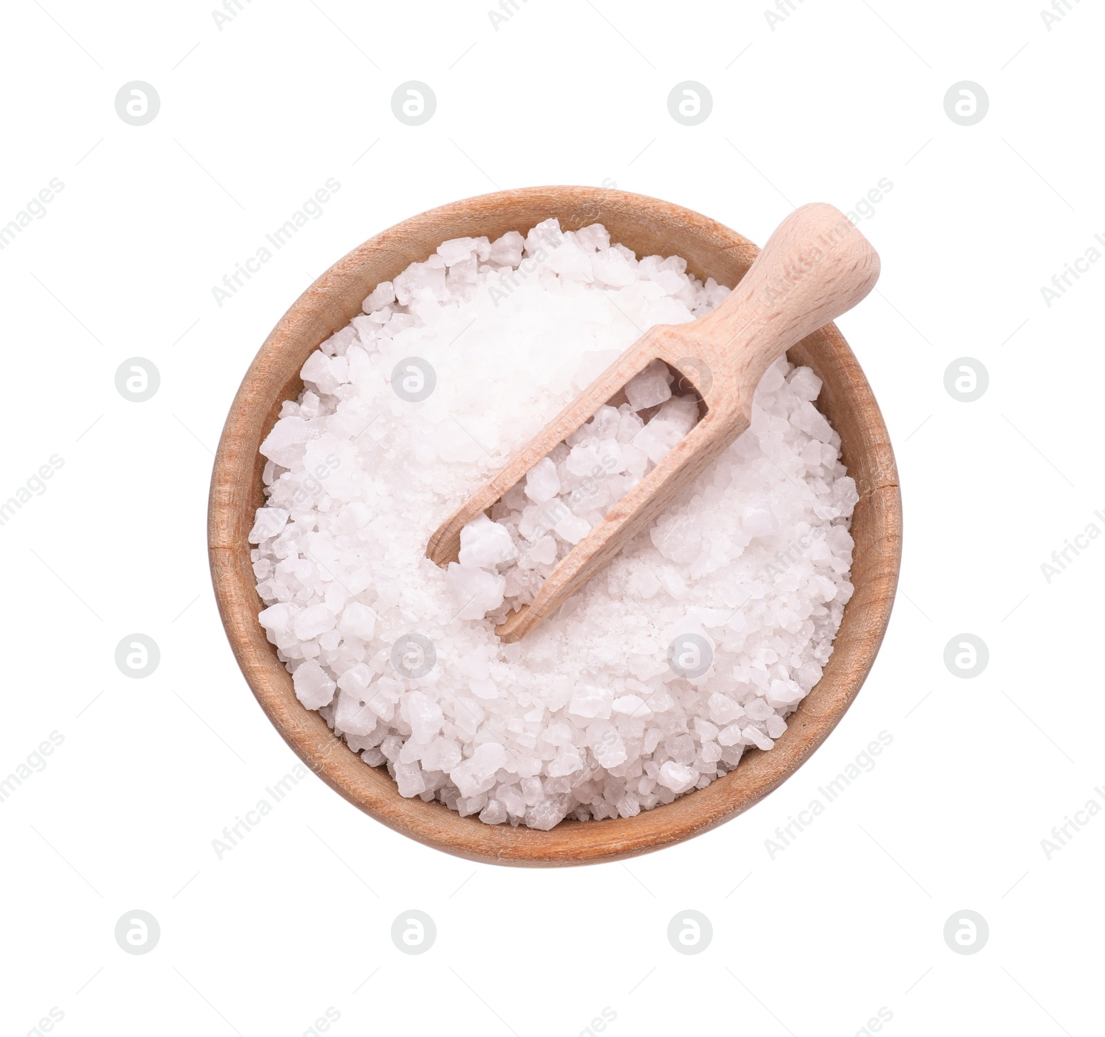 Bowl with natural sea salt and wooden scoop isolated on white, top view Photo of Bowl with natural sea salt and wooden scoop isolated on white, top view