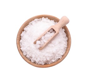Photo of Bowl with natural sea salt and wooden scoop isolated on white, top view