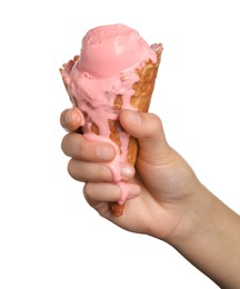 Photo of Woman holding melting ice cream on white background, closeup