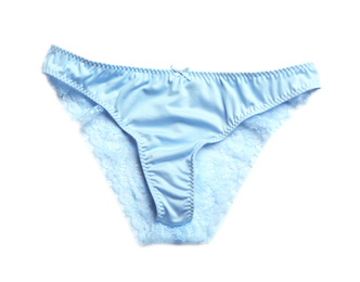 Photo of Elegant light blue women's underwear isolated on white, top view