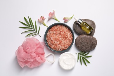 Photo of Flat lay composition with natural sea salt on white background