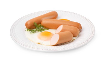 Photo of Delicious boiled sausages, fried eggs and dill isolated on white
