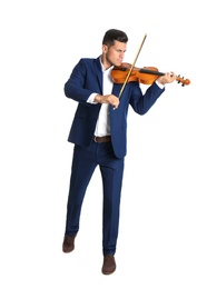 Photo of Man playing wooden violin on white background