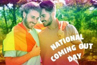 Image of National Coming Out day. Happy gay couple with rainbow flag outdoors, color toned