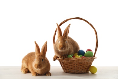 Photo of Cute bunnies and basket with Easter eggs on table against white background