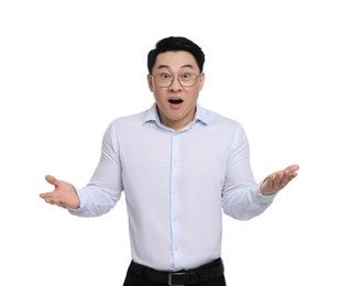 Photo of Confused businessman in formal clothes wearing glasses on white background