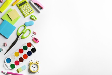 Photo of School stationery on white background, flat lay with space for text. Back to school