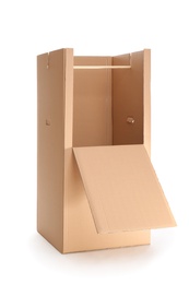 Photo of Empty cardboard wardrobe box on white background