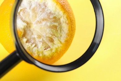 Photo of Cellulite problem. Zoomed orange on yellow background, view through magnifying glass