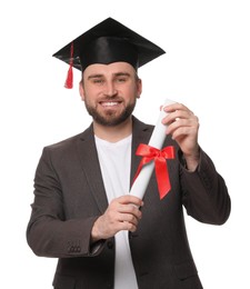 Photo of Happy student with graduation hat and diploma on white background