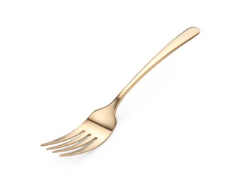 Photo of One shiny golden fork isolated on white