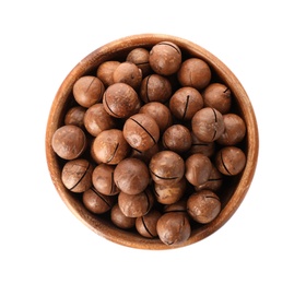 Photo of Bowl with organic Macadamia nuts on white background, top view